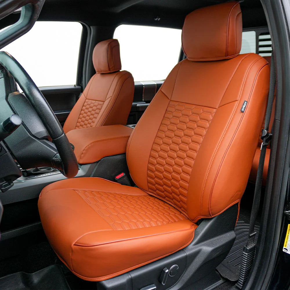KUSTOM INTERIOR CUSTOM SEAT COVERS FORD F150 15-20 ALL CABS BROWN W/ DOUBLE HEX STITCHING