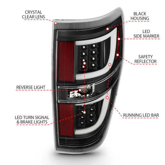 ANZO LED TAIL LIGHTS G2 BLACK CLEAR LENS FORD F150 09-14