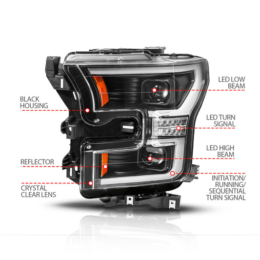 ANZO FORD F-150 15-17 FULL LED PROJECTOR PLANK STYLE HEADLIGHTS BLACK W/ INITIATION & SEQUENTIAL