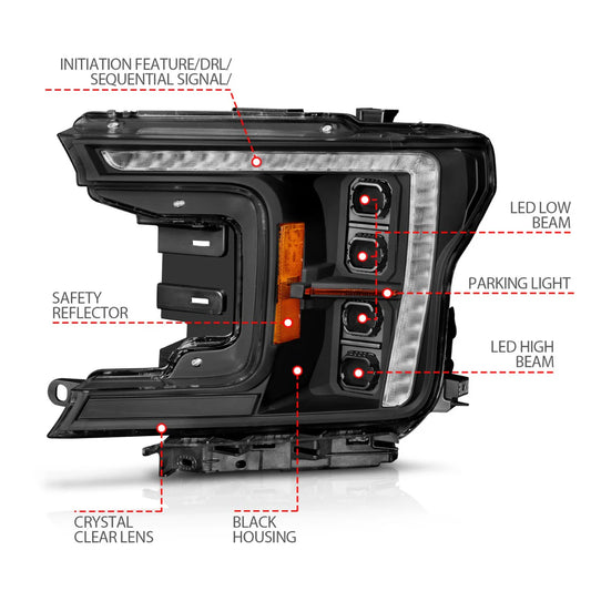 ANZO F-150 18-20 Z-SERIES FULL LED PLANK PROJECTOR HEADLIGHTS BLACK W/ DRL SWITCH, INITIATION & SEQUENTIAL