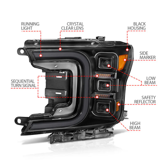 ANZO FORD F-150 18-20 FULL LED PROJECTOR SMOKED C-BAR HEADLIGHTS BLACK CLEAR LENS