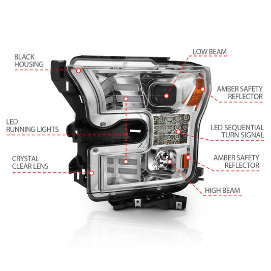 ANZO FORD F-150 15-17 PROJECTOR BAR STYLE HEADLIGHTS W/ SEQUENTIAL SIGNAL