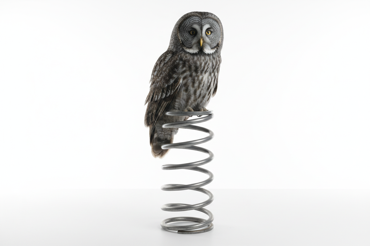GRAY OWL PERCHED ON AN UPRIGHT SUSPENSION SPRING WHITE BACKGROUND