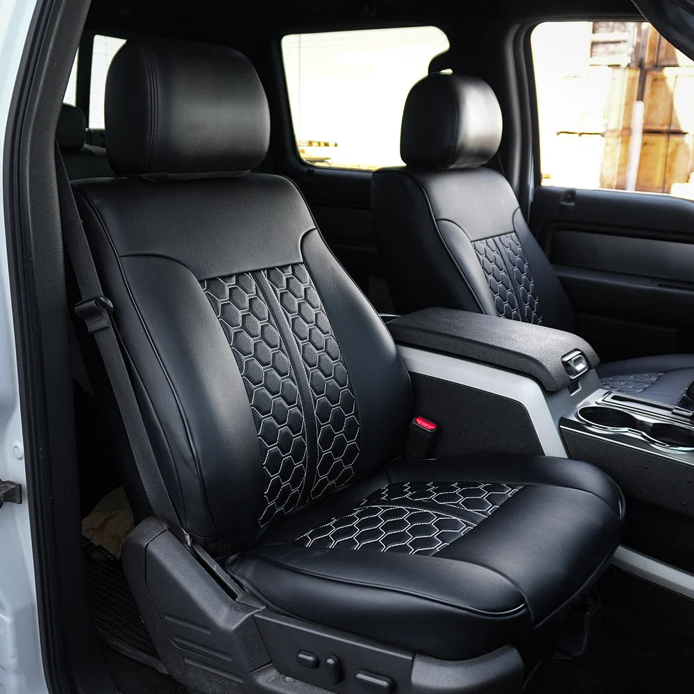 KUSTOM INTERIOR CUSTOM SEAT COVERS FORD F150 09-14 ALL CABS BLACK W/ HONEYCOMB ACCENT WHITE STITCHING
