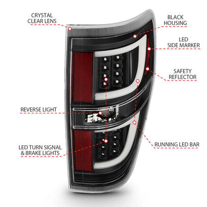 ANZO LED TAIL LIGHTS G2 BLACK CLEAR LENS FORD F150 09-14
