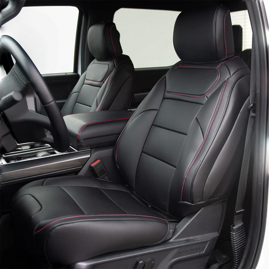 KUSTOM INTERIOR CUSTOM SEAT COVERS FORD F150 21+ ALL CABS BLACK W/ RED STITCHING