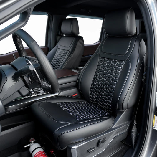 KUSTOM INTERIOR CUSTOM SEAT COVERS FORD F150 21+ ALL CABS BLACK W/ DOUBLE WHITE HEX ACCENT