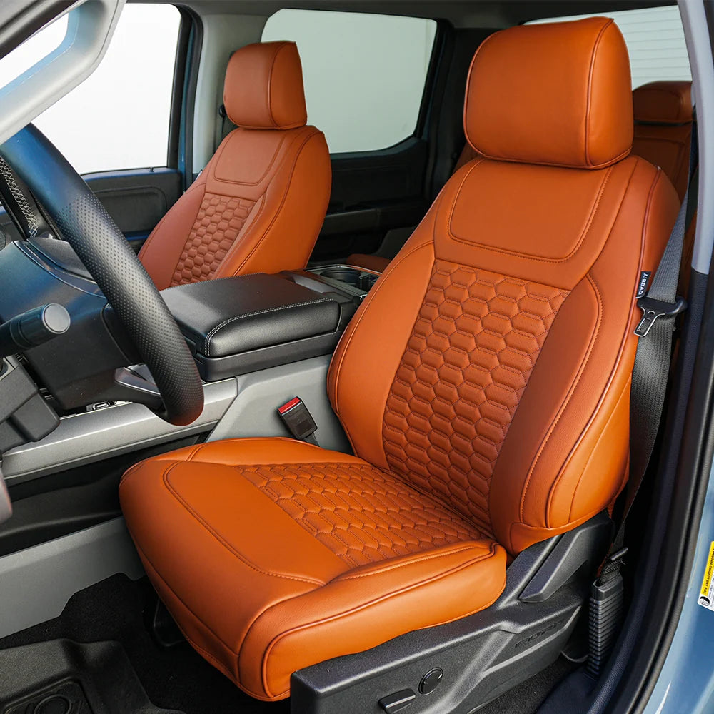KUSTOM INTERIOR CUSTOM SEAT COVERS FORD F150 21+ ALL CABS BROWN W/ DOUBLE HEX STITCH ACCENT