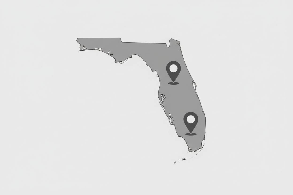 GRAY GRAPHIC OF FLORIDA WITH LOCATION PINS IN TAMPA AND MIAMI