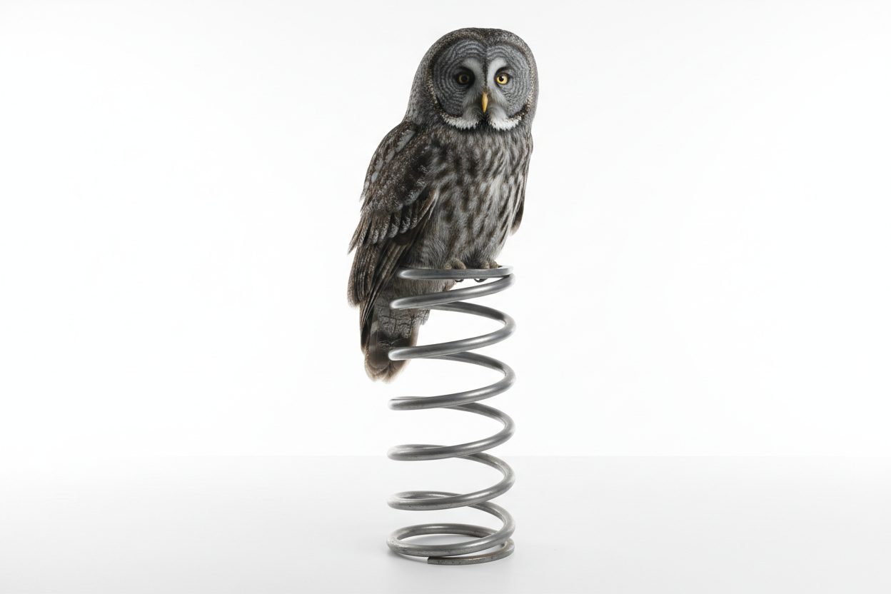 GRAY OWL PERCHED ON AN UPRIGHT SUSPENSION SPRING WHITE BACKGROUND