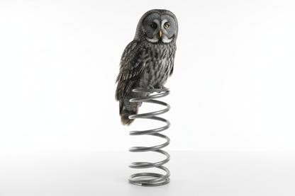 GRAY OWL PERCHED ON AN UPRIGHT SUSPENSION SPRING WHITE BACKGROUND