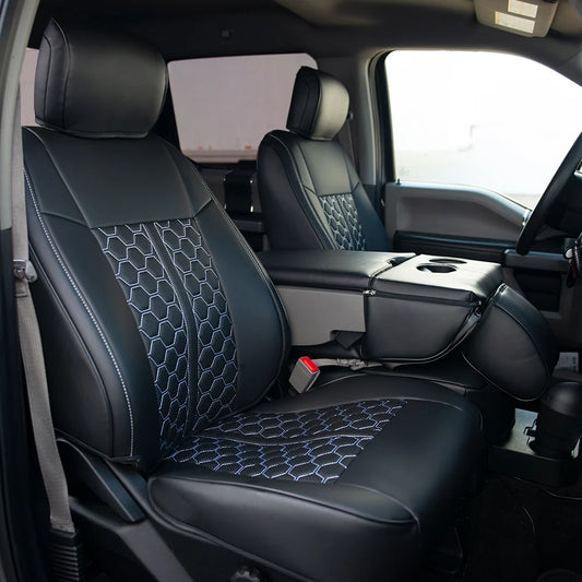 KUSTOM INTERIOR CUSTOM SEAT COVERS FORD F150 15-20 ALL CABS BLACK W/ WHITE HONEYCOMB ACCENTS