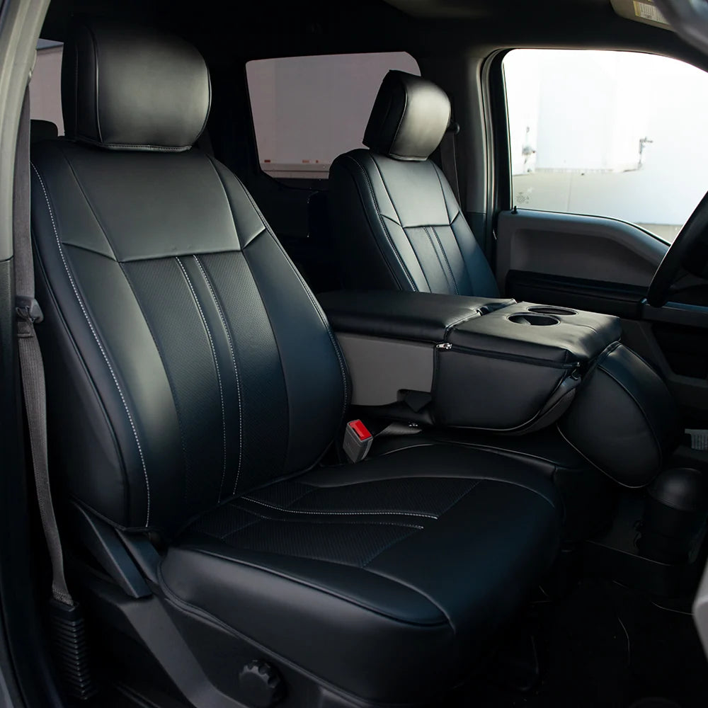 KUSTOM INTERIOR CUSTOM SEAT COVERS FORD F150 15-20 ALL CABS BLACK W/ WHITE STITCHING