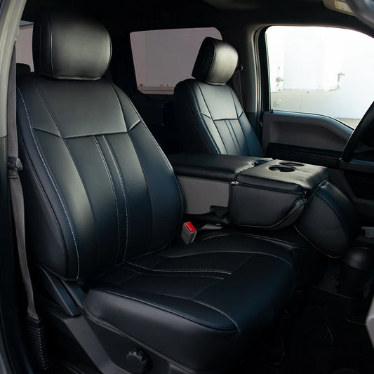 KUSTOM INTERIOR CUSTOM SEAT COVERS FORD F150 15-20 ALL CABS BLACK W/ WHITE STITCHING